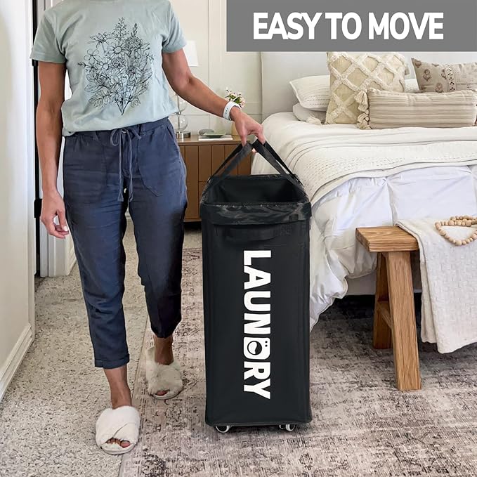 Goodpick Laundry Basket with Wheels, 2-Pack 75L Rolling Laundry Hamper with Removable Wash Bags, Collapsible Laundry Basket for Corner Dorm, Black