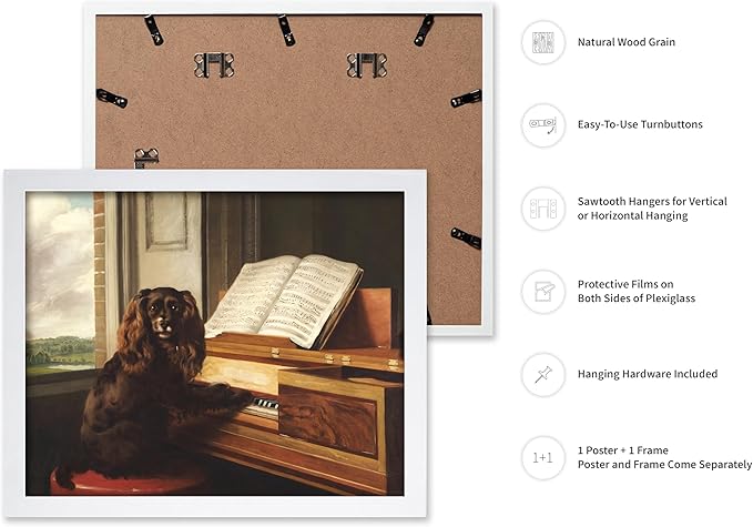 Poster Master Vintage Portrait of an Extraordinary Musical Dog Poster - Retro Dog Print - Puppy Art - Music Art - Piano Art - Animal Lover Art - Living Room or Office Decor, 11x14 White Framed