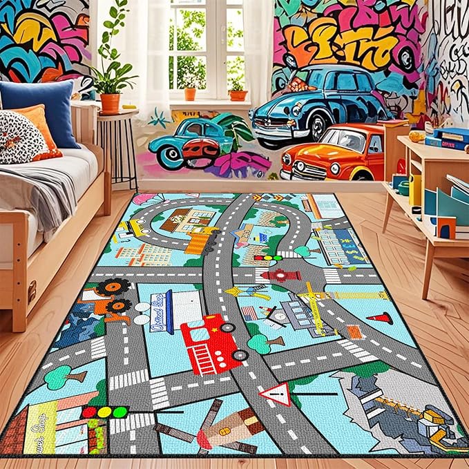 Car Rugs for Kids Toy Cars - City Life Car Road Rug for Playroom Car Track Rug Car Carpet for Kids Boys Girls Living Room Bedroom Classroom, 4'5''×6'