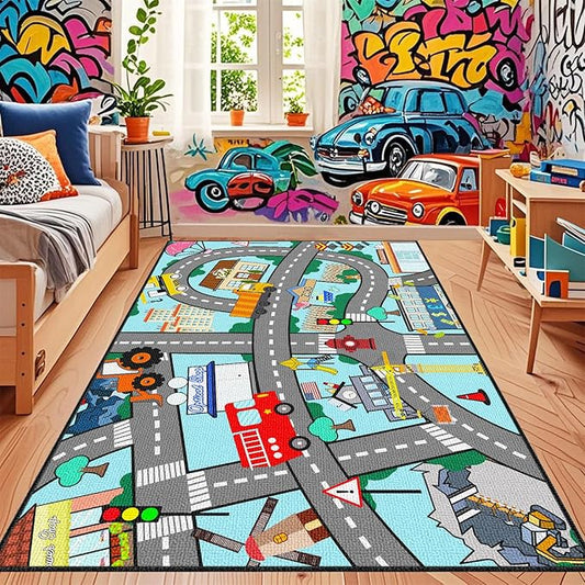 Car Rugs for Kids Toy Cars - City Life Car Road Rug for Playroom Car Track Rug Car Carpet for Kids Boys Girls Living Room Bedroom Classroom, 4'5''×6'