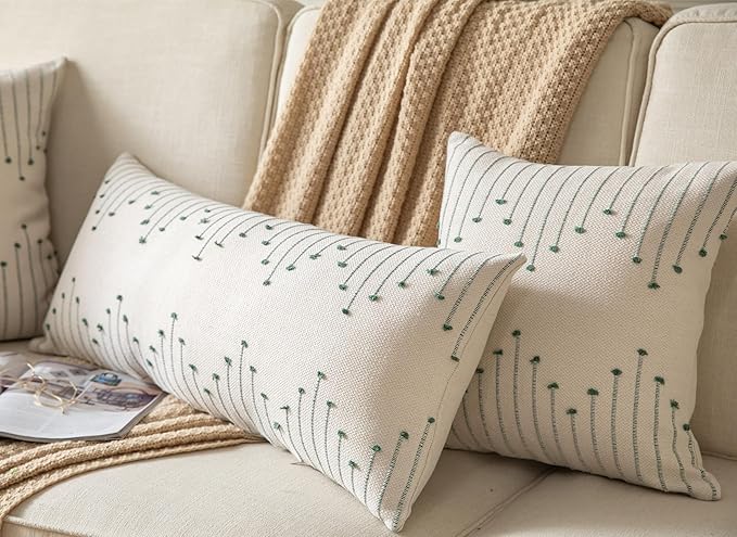 Boho Lumbar Pillow Cover 14x36 Long Pack of 1 Decorative Pillows Bed, Beige with Green Body Throw Pillow Covers, for Modern Farmhouse Sofa Bedroom Living Room Home Decor Couch Pillowcase