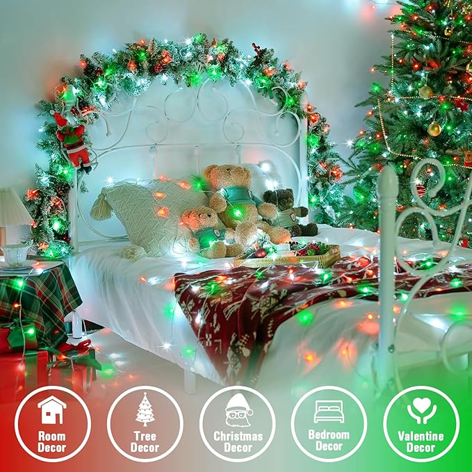 JMEXSUSS 500 LED Red White and Green Christmas Lights, 8 Modes 163ft String Light Plug in with Remote Control, Clear Wire Christmas String Lights Outdoor Waterproof for Outside Tree Yard Wedding