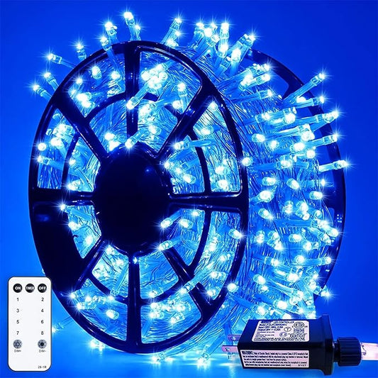 JMEXSUSS 163 FT 500 LED Blue Christmas Lights Outdoor, Waterproof Blue String Light Plug in, 8 Modes Clear Wire Christmas String Lights for Tree Yard Patio House Party Decorations