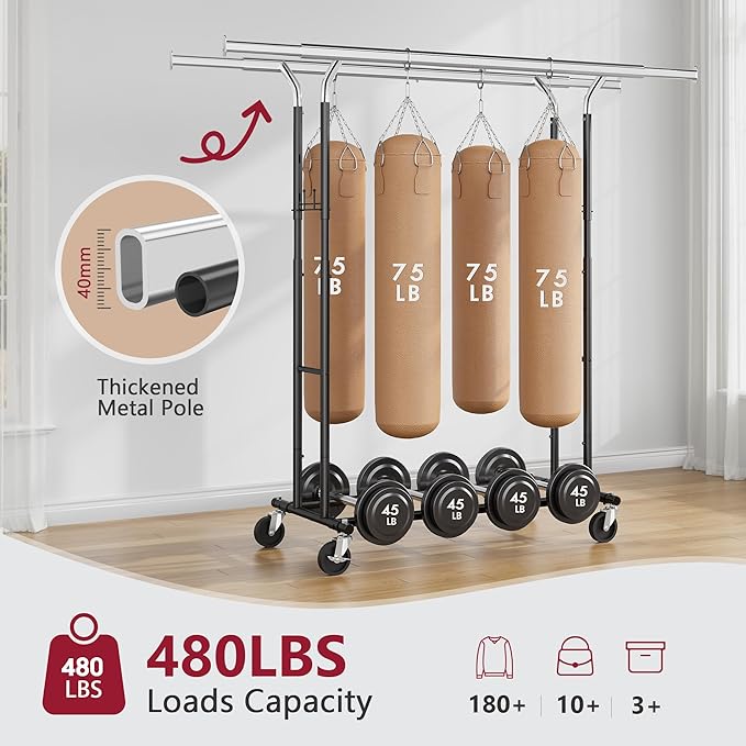 Tajsoon Double Rod Clothes Rack Load 480 LBS, Heavy Duty Rolling Garment Rack with Wheels, Collapsible Clothing Rack for Hanging Clothes, Commercial Adjustable Clothes Rack with Shelf, Black