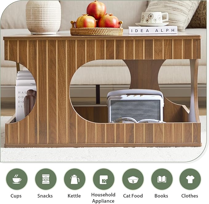 31.5" Square Coffee Table with Storage, Mid-Century Modern Center Table with Arched Cutouts and Carved Lines, 2-Tier Tea Table for Living Room, Cat-Friendly Base (Walnut)