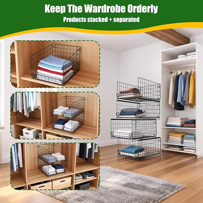 4-Tier Storage Basket, Stackable Closet Organizers, Foldable Closet Shelf Organizer System, Space-Saving, Snacks Books Clothing Towel Storage Drawer Organizer for Wardrobe Living Room Office - Black