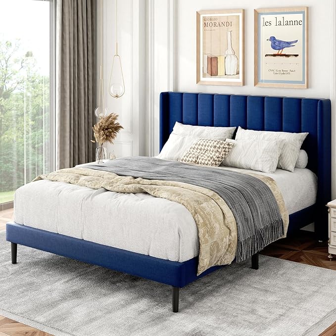 Full Size Bed Frame with Upholstered Wingback Headboard, Easy Assemnly Platform Bed, Wooden Slat Support No Box Spring Needed, Navy Blue