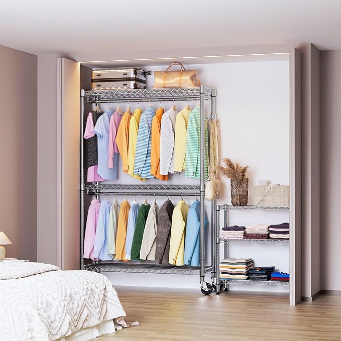 IZEUK Heavy Duty Garment Rack on Wheels, Rolling Closet Rack for Hanging Clothes with 2 Clothes Rods, 3 Tiers & Side Hooks, Freestanding Adjustable Metal Wardrobe,15.7" D x 45.3" W x 79.6" H, Chrome