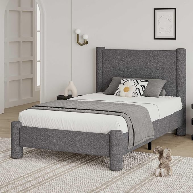 Twin Size Bed Frame, Boucle Upholstered Platform Bed with Headboard and Footboard, Soft Rounded Corners, No Box Spring Required, Easy Assembly, Dark Grey