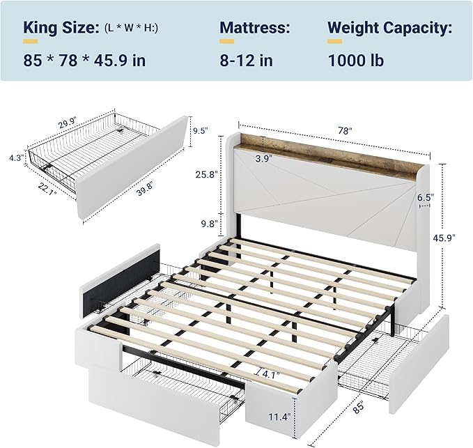 Allewie King Size Velvet Bed Frame with 3 Storage Drawers, Upholstered Platform Bed with Wingback Storage Headboard and USB Ports, No Box Spring Needed, Easy Assembly, White