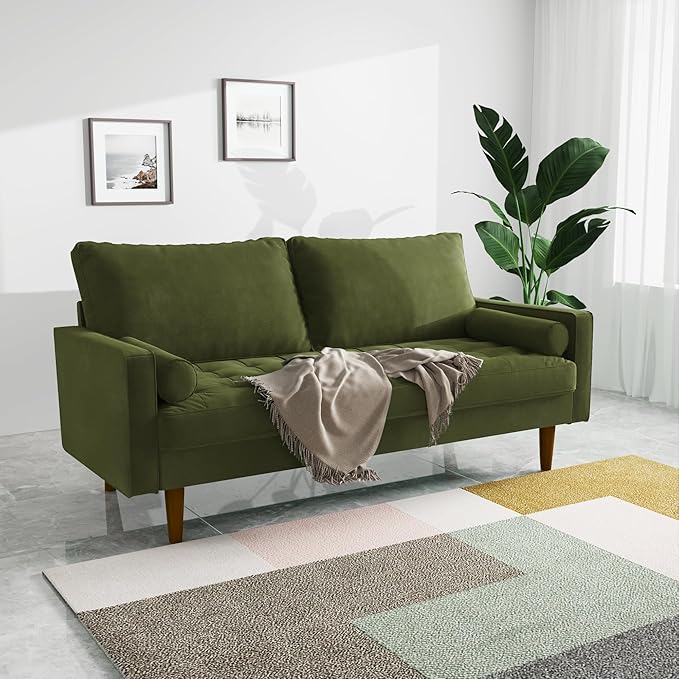 Modern Sofa,70 Inch Velvet Couch for Living Room,Spring Cushions,Solid Wood Frame,Easy Assembly for Small Spaces (Olive Green)