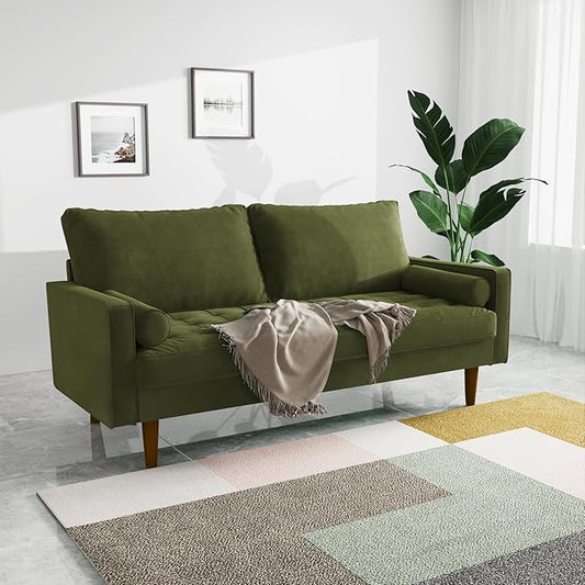 Modern Sofa,70 Inch Velvet Couch for Living Room,Spring Cushions,Solid Wood Frame,Easy Assembly for Small Spaces (Olive Green)