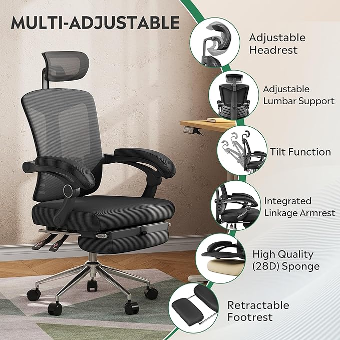 DEVAISE Ergonomic Mesh Office Desk Chair with Footrest, Comfrotable Big and Tall Reclining Computer Chair with Adjustable Lumbar Support, Backrest Adjustable, High Back SGS Class 4 Gas Lift, Black