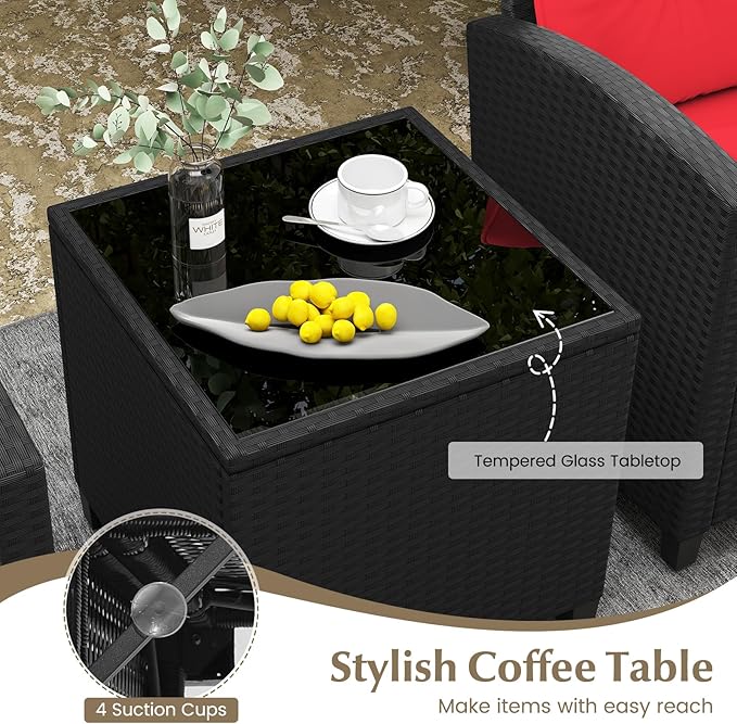 Tangkula 3 Pieces Patio Furniture Set, Rattan Conversation Set w/Soft Seat & Back Cushions, Tempered Glass Topped Coffee Table, Cushioned Wicker Seating for Backyard, Porch, Poolside (Red)