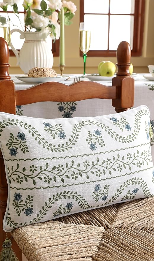 Design Fresh Linen Rectangular Throw Pillow Covers 12"x20" Pack of 2, French White Cottage Cushion Covers with Green Branches Pattern Decoration Pillowcases for Bed,Living Room,Outdoor,Car