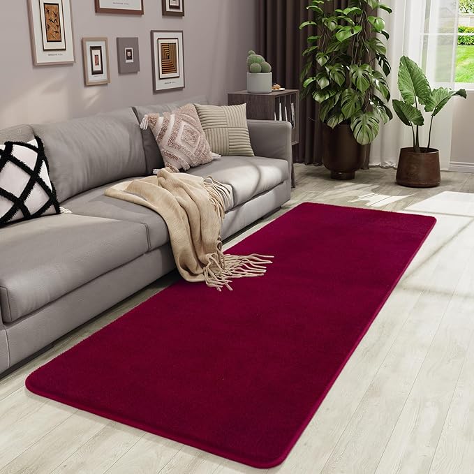 Soft Runner Rugs for Bedroom 2x6, Non Slip Runners for Hallway Kitchen Laundry Dorm Washable, Minimalist Low Pile Long Rugs for Boys Men Girls Kids, Wine Red