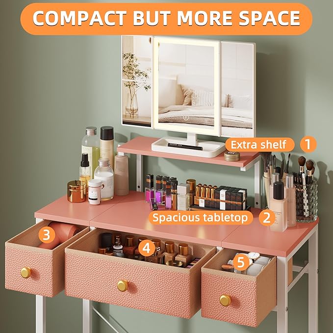 Small Makeup Vanity Desk 27.5''W with Mirror and Lights, Vanity Desk with 3 Fabric Drawers and Height-Adjustable Stand, Vanity Table for Girls Gifts, Bedroom and Small Spaces, Pink