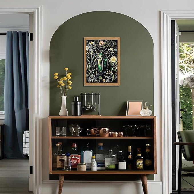 Framed Vintage 3D Textured Wall Art - Gothic Dark College Beetle Wall Decor - Hand Drawn Sandstone Nature Botanical Pictures for Living Room Bedroom Home Decor 12x16in