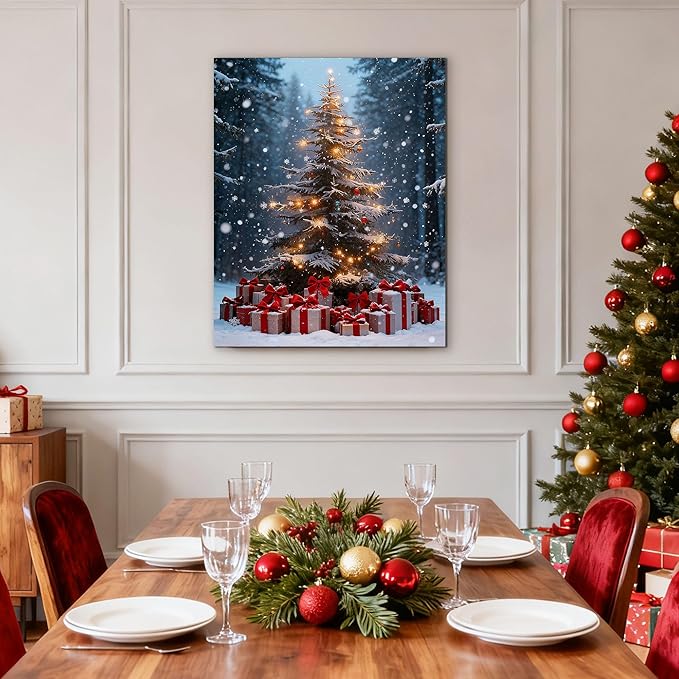 Framed Christmas Pictures Wall Decor,Vintage Pine Tree Prints,Winter Christmas Canvas Wall Art Decoration for Bedroom Bathroom Living Room Rustic Xmas Holiday Gifts (Christmas Tree 14, 11'' X 14'')