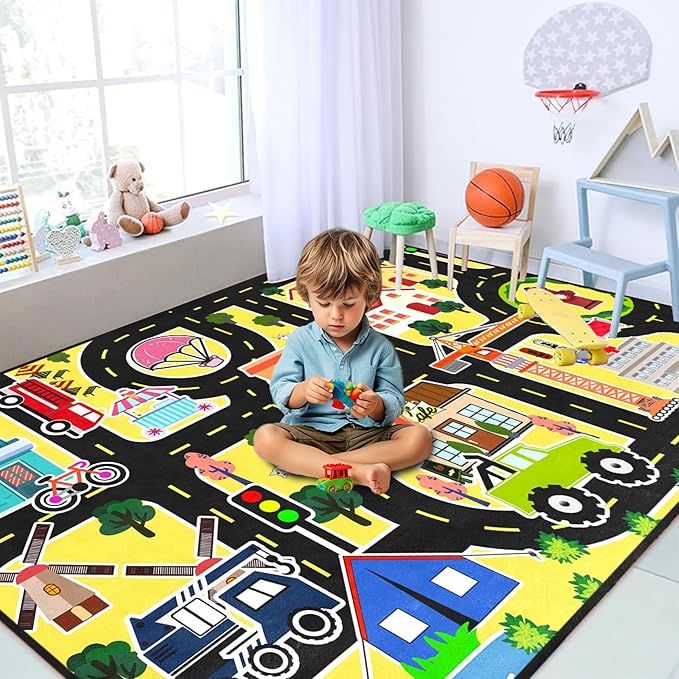 Car Rugs for Kids - Car Track Carpet for Boys Road Rug for Bedroom Road Map Carpet for Kids Toy Play Mat Farm, 4. 5x6 Feet