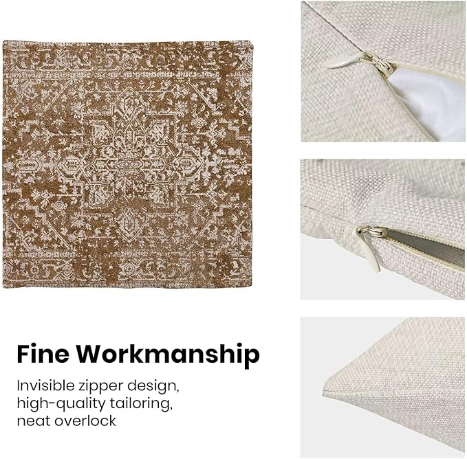 Boho Brown Throw Pillow Covers 18x18 Inch Set of 2, Carpet Pattern Neutral Decorative Throw Pillow Covers Bohemia Brown Linen Outdoor Cushion Cover for Sofa Couch Farmhouse Room Bed Decor