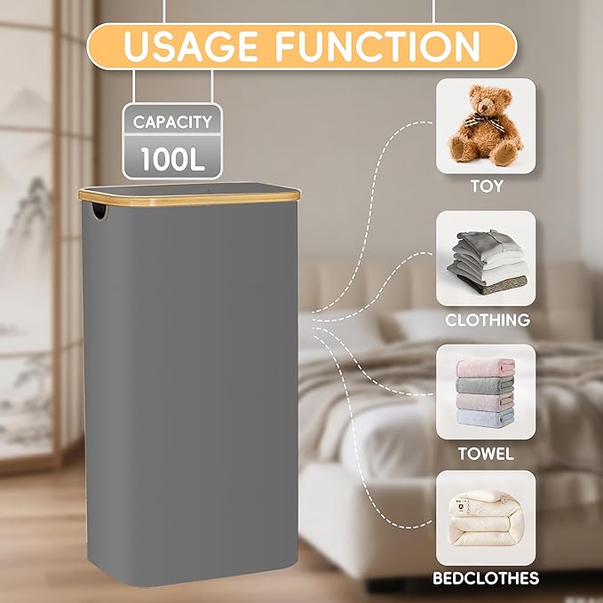100L Laundry Hamper with Lid,Collapsible Laundry Basket, Dirty Clothes Basket, Storage Case with Bamboo Support - Handles - Removable Inner Bag - 2x Washing Mesh Bags for Bedroom Dorm Bathroom (Gray)