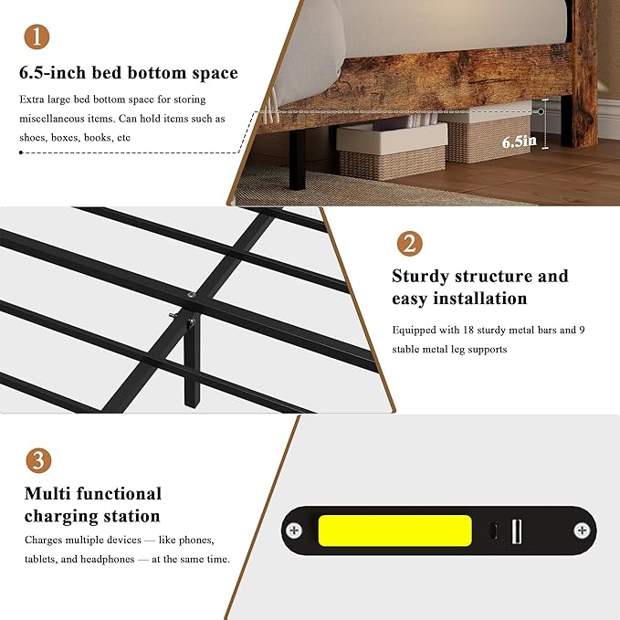 Farmhouse Queen Size Bed Frame with Headboard Storage Shelf, Wood Platform Bed Frame with LED Lights & Charging Station, Rustic Brown Metal Bed, No Box Spring Needed, Noise-Free Sturdy Structure