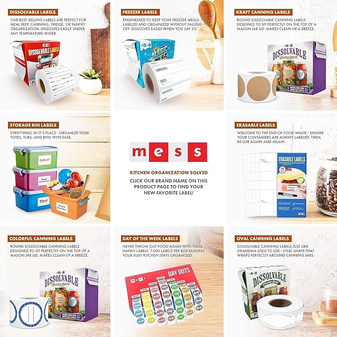 MESS Dissolvable Food Labels, 1x2, 200/Roll - Dissolves in 30 Seconds or Less - Removable Pantry, Meal Prep & Food Storage Labels – Canning & Freezer Use