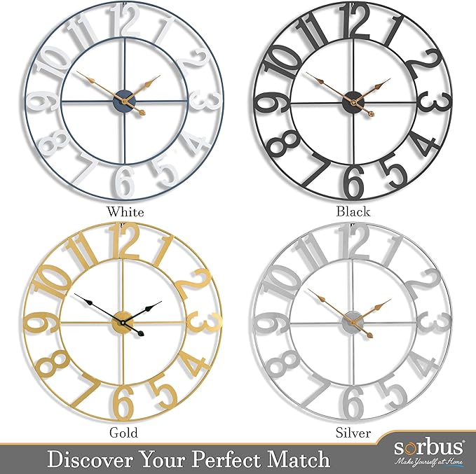 Sorbus 24-Inch Large Wall Clock – Decorative Black Metal Clock with Gold Hands – Silent, Battery Operated, Modern Wall Decor for Living Room, Kitchen, or Office – Great Gift for Housewarming or Office