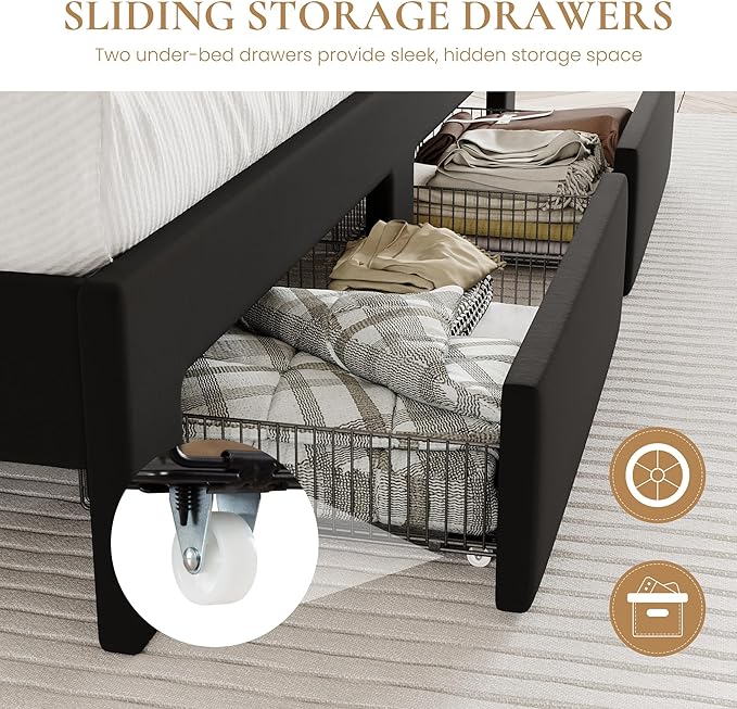 SHA CERLIN Velvet King Size Bed Frame with Vertical Channel Tufted Wingback Headboard & 2 Storage Drawers/2-Tier Shelves with LED Lights & Charging Station/Noise-Free/No Box Spring Needed/Black