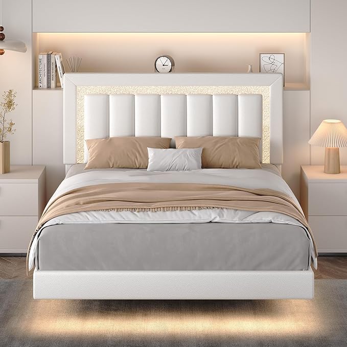 HOMBCK Floating Bed Frame Queen with Smart LED Lights, Faux Leather Upholstered Bed with Diamond PU Headboard, No Box Spring Needed, Noise-Free, Easy Assembly, White