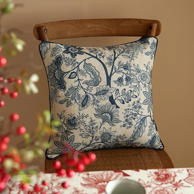 Design Linen Square Throw Pillow Covers 18"x18" Pack of 2, French Country Cushion Covers with Blue Toile de Jouy Floral Pattern Decoration Pillowcases for Bed, Living Room, Outdoor, Car