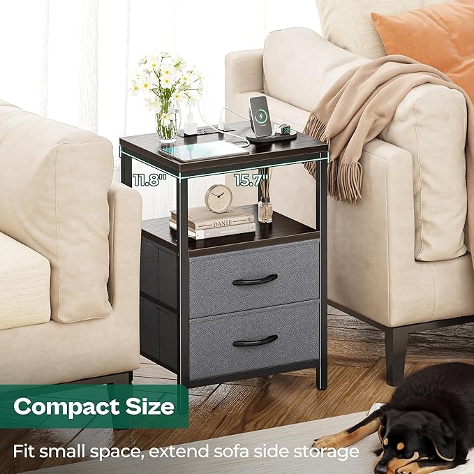 Huuger Nightstand with Charging Station, Fabric Drawers, End Table with Open Shelf, Bedside Table with USB Ports and Outlets, Night Stand for Bedroom, Walnut