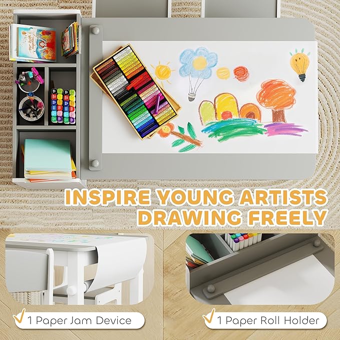 Qaba Kids Art Table & Easel Chair Set with Paper Roll, Toddler Desk and Chairs Set with Storage Shelves and Drawers, Activity Craft and Play Table for Writing Drawing Aged 3-8 Years Old, Gray