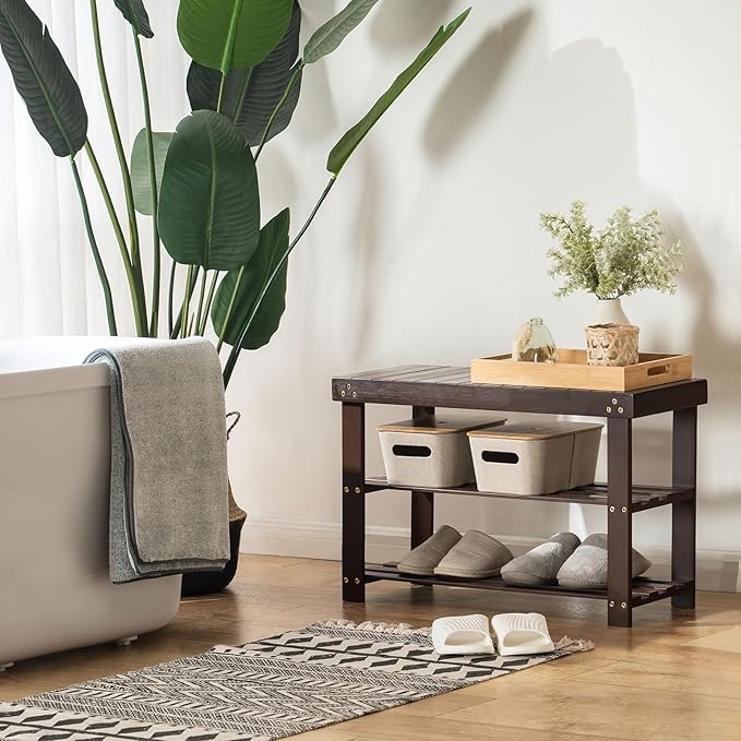 Apicizon Bamboo Shoe Rack for Entryway, 3-Tier Shoe Rack Bench for Front Indoor Entrance, Small Shoe Organizer with Storage, Dark Brown