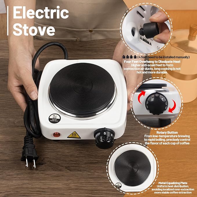 2-in-1 Aluminum Moka Pot Set with Electric Stove Classic Stovetop Espresso Coffee Maker 150ml 5oz Mocha Express Portable Camping Travel Preferred Cafe Makers Italian Cuban Café Brewing 3 Cup