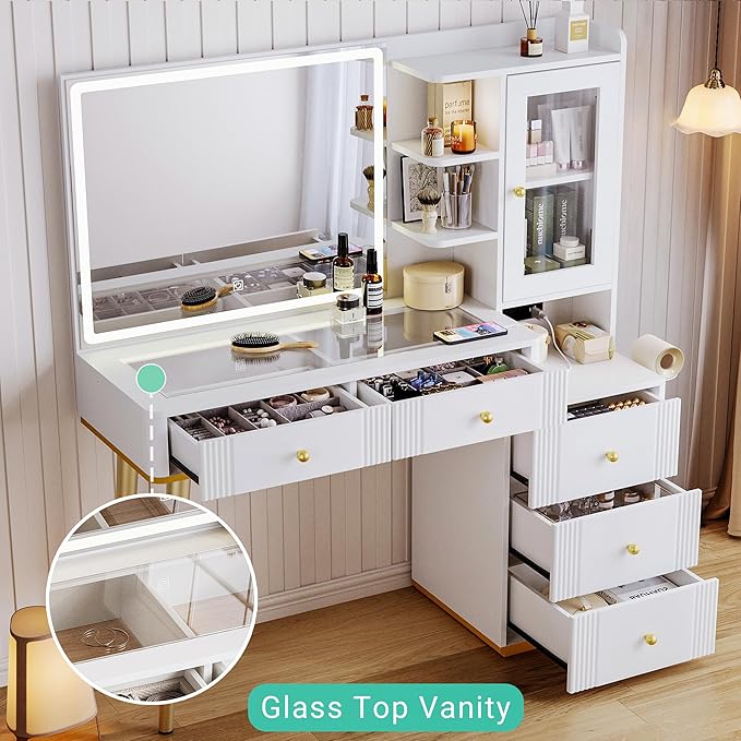 LINSY Vanity with Glass Top, White Makeup Vanity with Mirror and Lights, Large Vanity Desk with Storage, Drawers, Cabinet and Outlet, Modern Fluted Vanity Table for Bedroom, Women, Girls