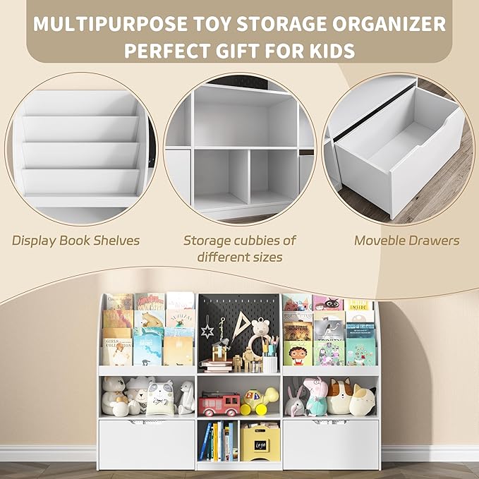Toy Storage Organizer, Kids Book Shelf and Toy Organizer, 67" Toy Organizers and Storage with Movable Drawers, Playroom Organization and Kids Reading Nook with 5 Storage Cubbies, White