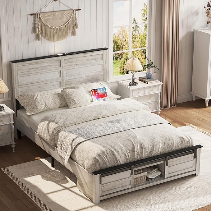 Wooden Bed Frame Full Size with Headboard & Sliding Barn Door Storage Footboard, Farmhouse Platform Bedframe with Charging Station, No Box Spring Needed, Boho White