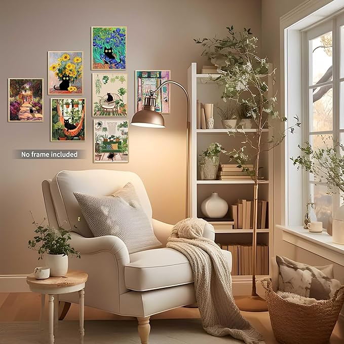 SEHSUVC Funny Black Cat Poster Set of 9, Vintage Van Gogh Black Cat Wall Art Prints, Colorful Cat Floral Aesthetic Prints Wall Decor Paintings for Bedroom Bathroom Dorm Home Decor 8x10In Unframed