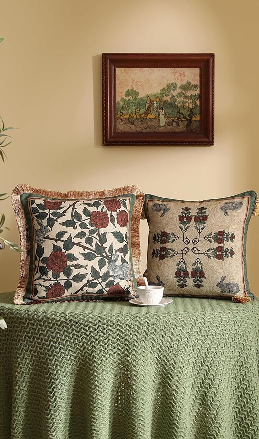 patdrea Designer Throw Pillow Covers Set of 2,French Elegant Green Linen with Rose and Animal Floral Pattern Pillow Covers,Decorative Square Pillowcases Cushion for Bed Living Room Outdoor,18"x18"