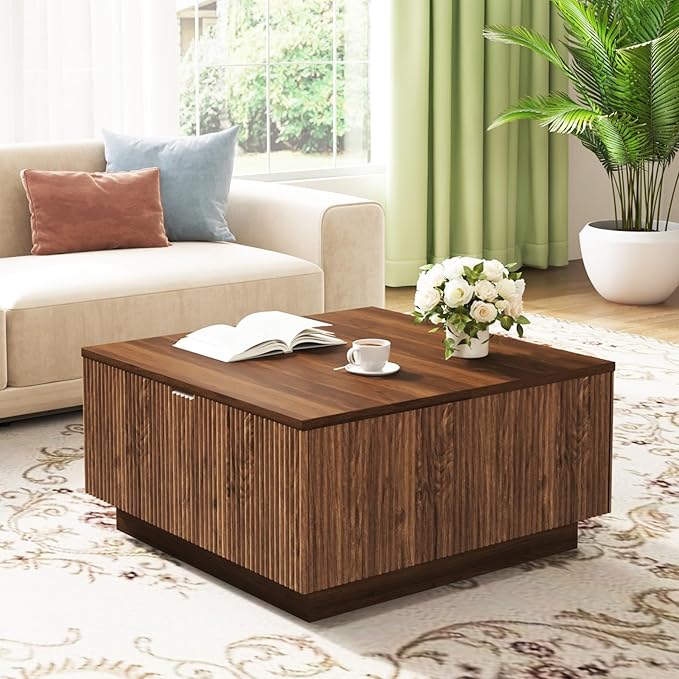 31" Lift Top Coffee Table with Hidden Storage, Farmhouse Square Wood Center Table with Fluted Design for Living Room, Apartment, Small Spaces, Brown Walnut