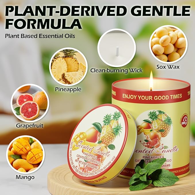 Pineapple Grapefruit Mango Scented Candles Set | 2 Pack 510g 8% Essential Oils 80H Burn | Smokeless Clean Burning Aromatherapy Tin Jar Candles for Home Relaxation, Yoga, Spa Gift for Men&Women