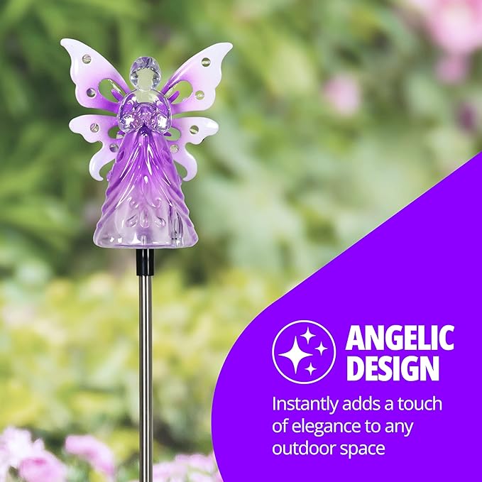 Exhart Garden Solar Lights, Decorative Angel Garden Stake, 12 LEDs, Cute Yard and Pathway Decor, Purple, 4 x 34 Inch