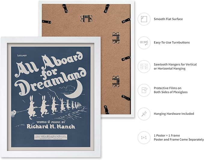 Poster Master All Aboard For Dreamland Poster - Retro Children's Lullaby Print - Story Book Art - Bunny Art - Rabbit Art - Aesthetic Art - Kid's Bedroom or Nursery Wall Decor, 8x10 White Framed