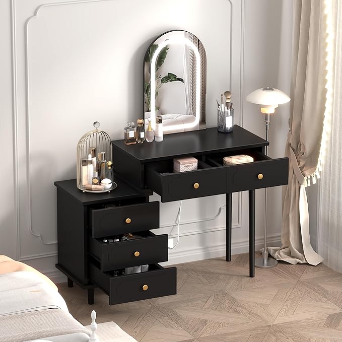 Garvee Makeup Vanity Desk with Mirror and Lights, Modern Black Vanity Table with 2 Drawers & Adjustable 3-Drawer Cabinet, Wood Dressing Table for Bedroom
