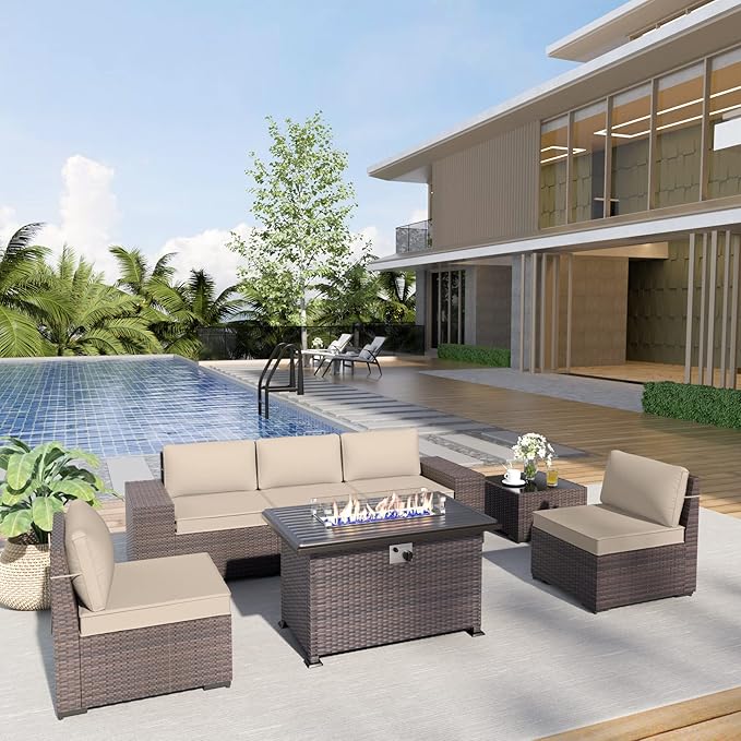 Kurapika 7 Pieces Patio Furniture Set, Rattan Outdoor Conversation Sets w/43in Propane Fire Pit Table and 4 Inch Cushion(Sand)