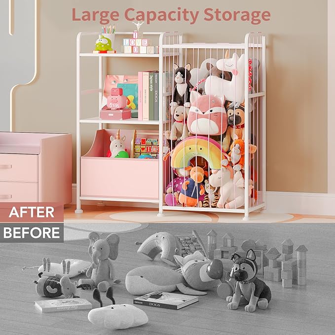 BBLIKE Stuffed Animal Storage - Stuffed Animal Net with Kids Bookshelf and Toy Organizer, 2-Tier White Bookshelf with Stuffed Animal Holder and Fabric Toy Chest for Kids Room, Playroom, Nursery, Pink