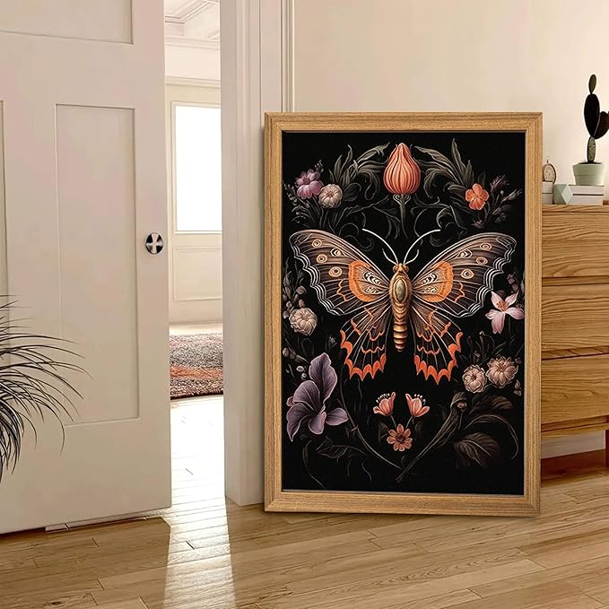 Framed Vintage 3D Textured Wall Art - Gothic Butterfly Wall Decor - Hand Drawn Sandstone Nature Botanical Pictures for Living Room Bedroom Home Decor 24x36in