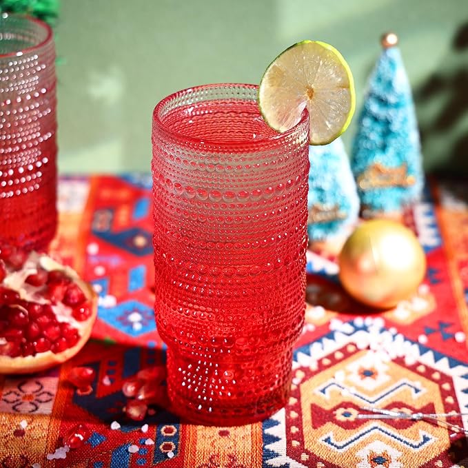 6pcs Hobnail Drinking Glasses Set, 16 oz Vintage Glassware Drinking Glasses, Gradual Red Water Glasses Tumbler, Christmas Gifts for Women